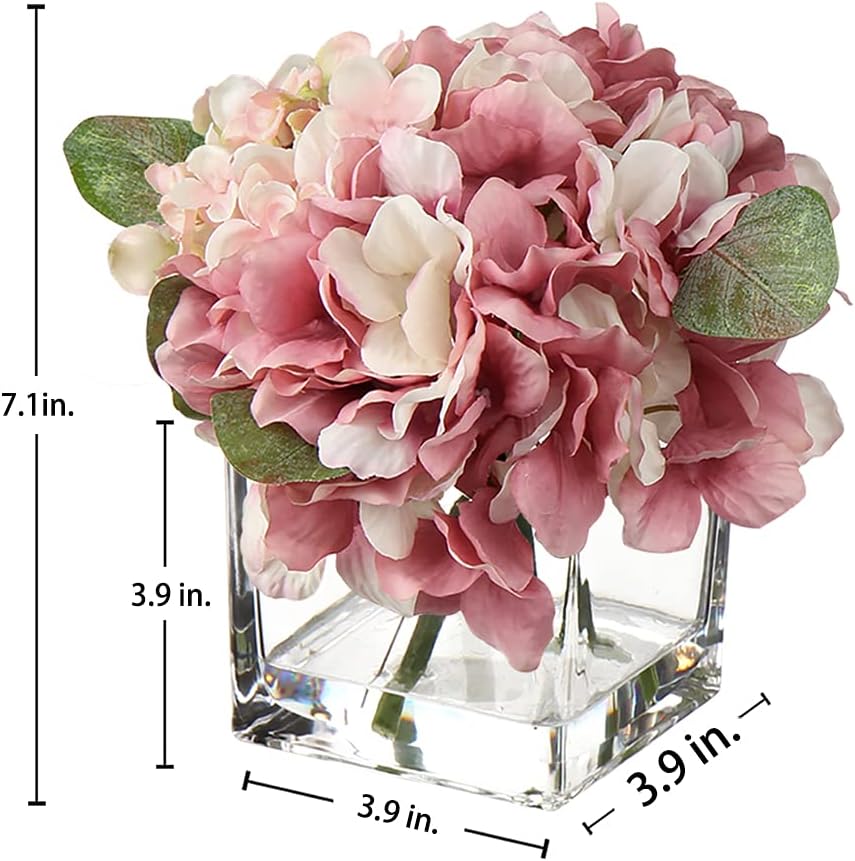 Cream Hydrangea & Peony Faux Silk Flowers - Artificial Floral Arrangements with Vase for Home Office Table Shelf Decor