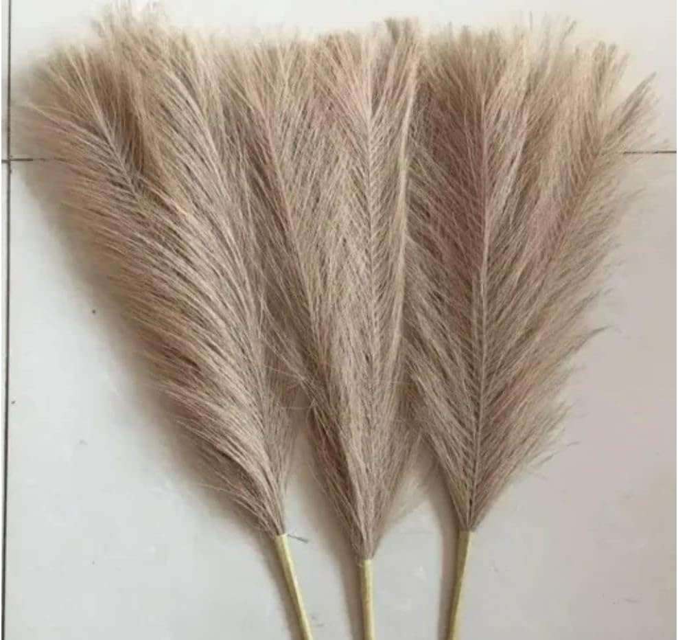 SATYAM KRAFT 3 Pcs Faux Pampas Grass Small Fluffy Artificial Flowers Fake Flower for Home, Office,Bedroom, Table Decoration and Craft Items Corner (Without Vase Pot) (Brown, Pack of 3)