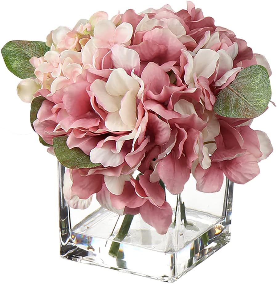 Cream Hydrangea & Peony Faux Silk Flowers - Artificial Floral Arrangements with Vase for Home Office Table Shelf Decor