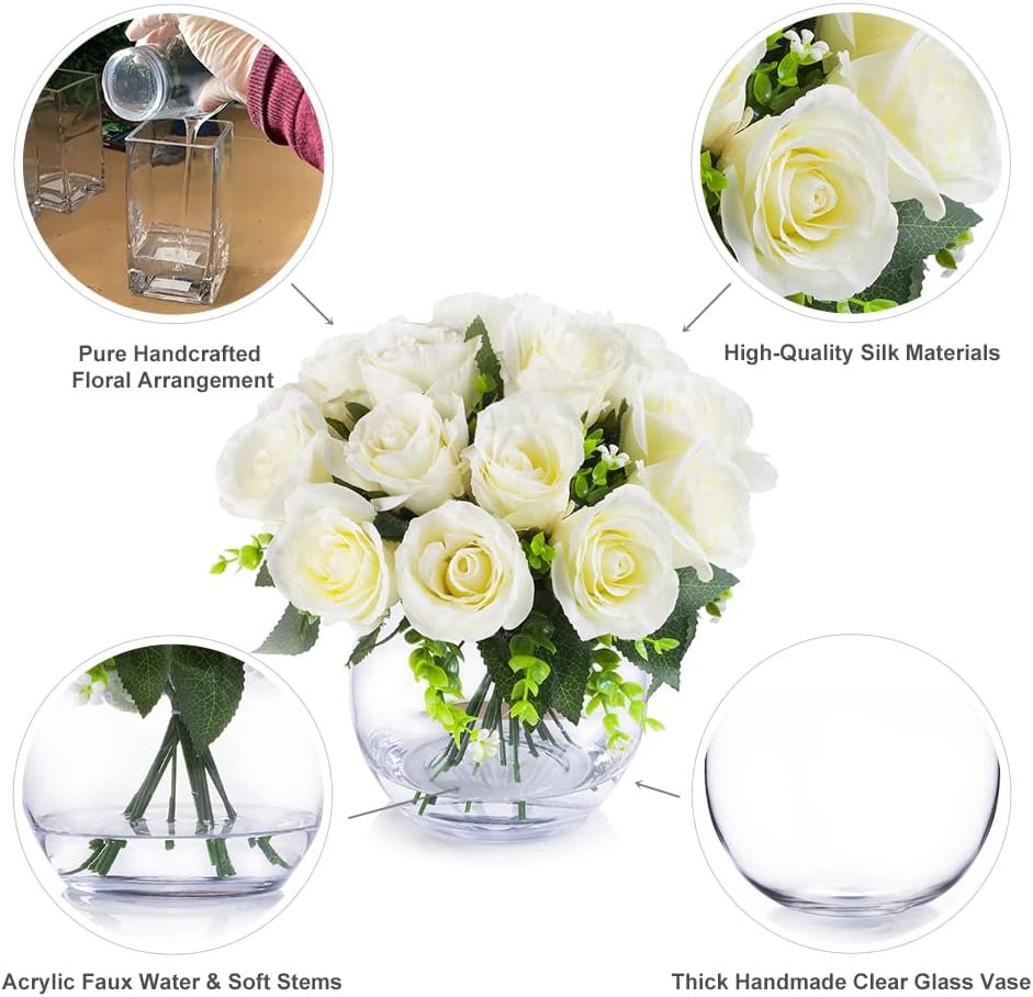 Enova Floral 18 Heads Silk Rose Artificial Flowers in Vase, Red Faux Rose Flowers Arrangement in Round Bowl Vase with Faux Water for Table Decoration (Red)