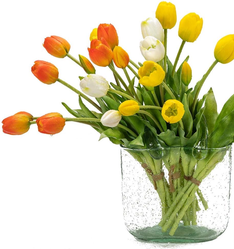 DUYONE 15pcs Artificial Tulips Flowers, Real Touch Latex Bouquet, Fake Tulips for Office Wedding Party Home Kitchen Garden Decoration(White,15pcs)