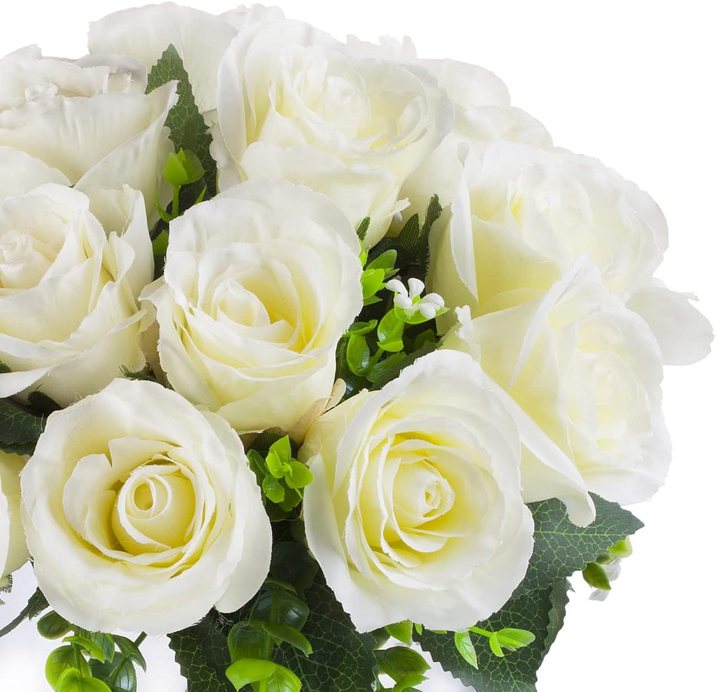 Enova Floral 18 Heads Silk Rose Artificial Flowers in Vase, Red Faux Rose Flowers Arrangement in Round Bowl Vase with Faux Water for Table Decoration (Red)