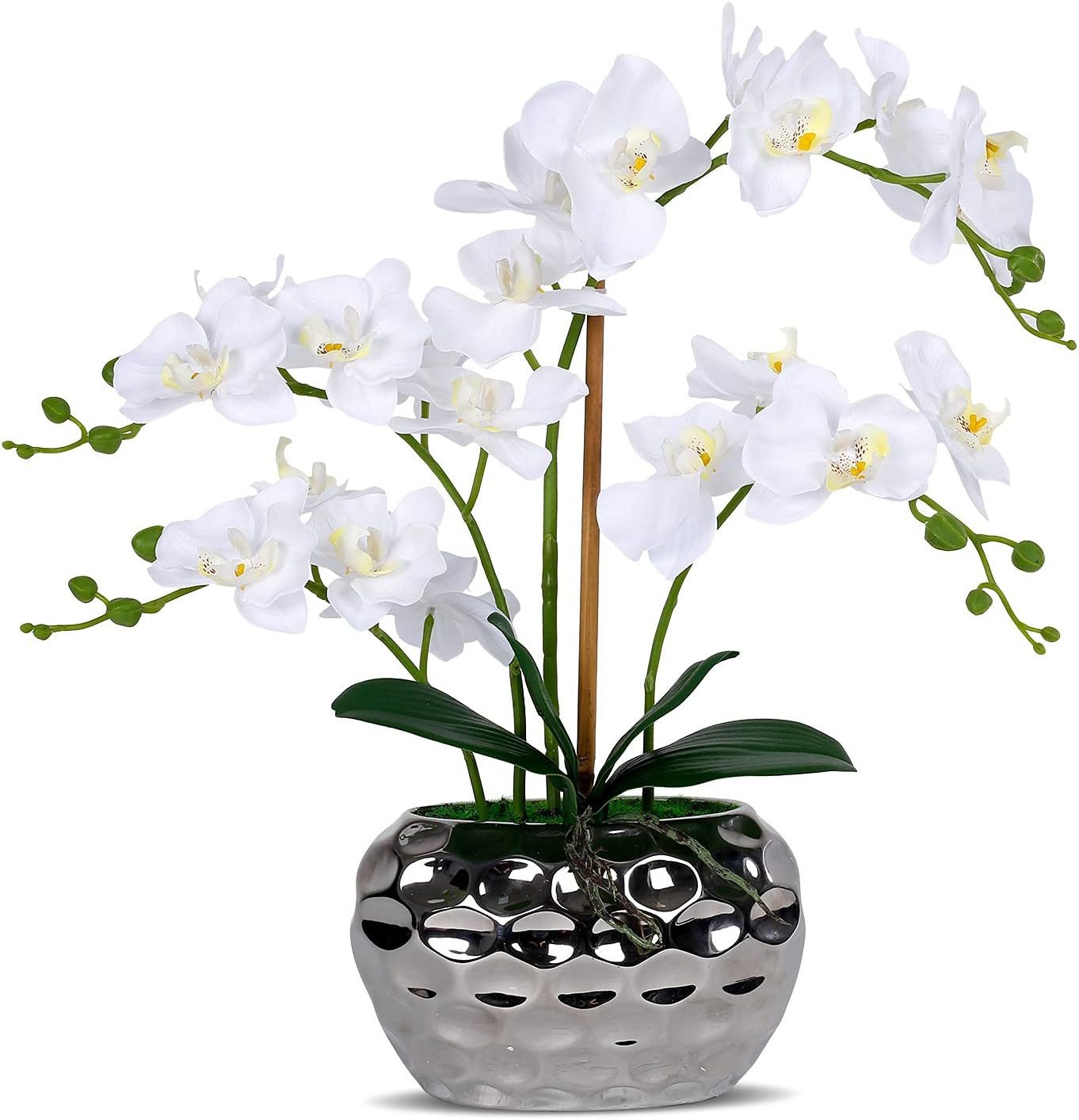 Artificial Orchid in Gold Vase White Orchid Silk Orchids Faux Orchid Plant in Gold Pot Fake Flower Arrangement White Flowers Artificial for Decoration Home Decor Kitchen Decoration Table Centerpieces
