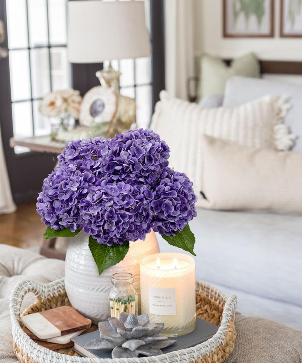 DuHouse 3Pcs Large Hydrangea Artificial Flowers,Latex Real Touch Hydrangeas Lifelike Hydrangea Flower for Home Wedding Bouquets Centerpieces Party Living Room Decoration(Blue)