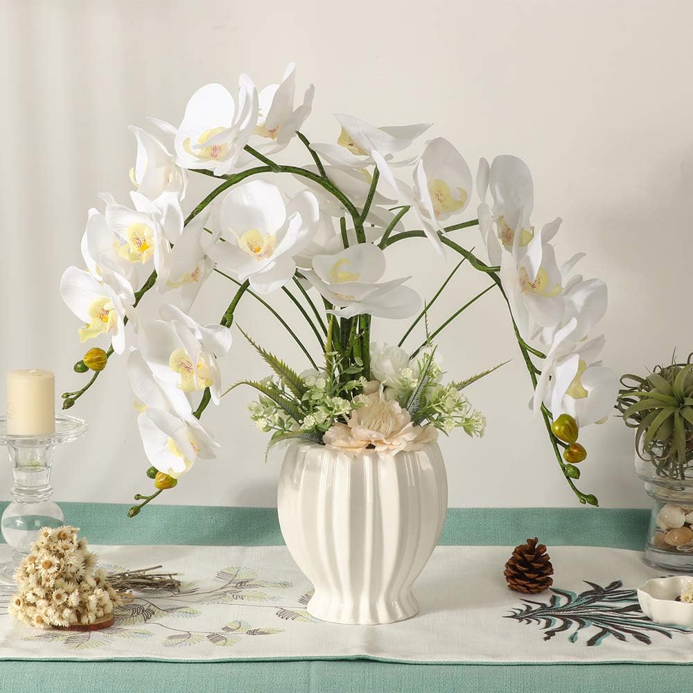 LESING Artificial Flowers Ochids Plants Fake Orchid in Pot Artificial Flowers with Vase Orquidea Faux Orchid for Home Indoor Decoration (Style 2,White Vase)
