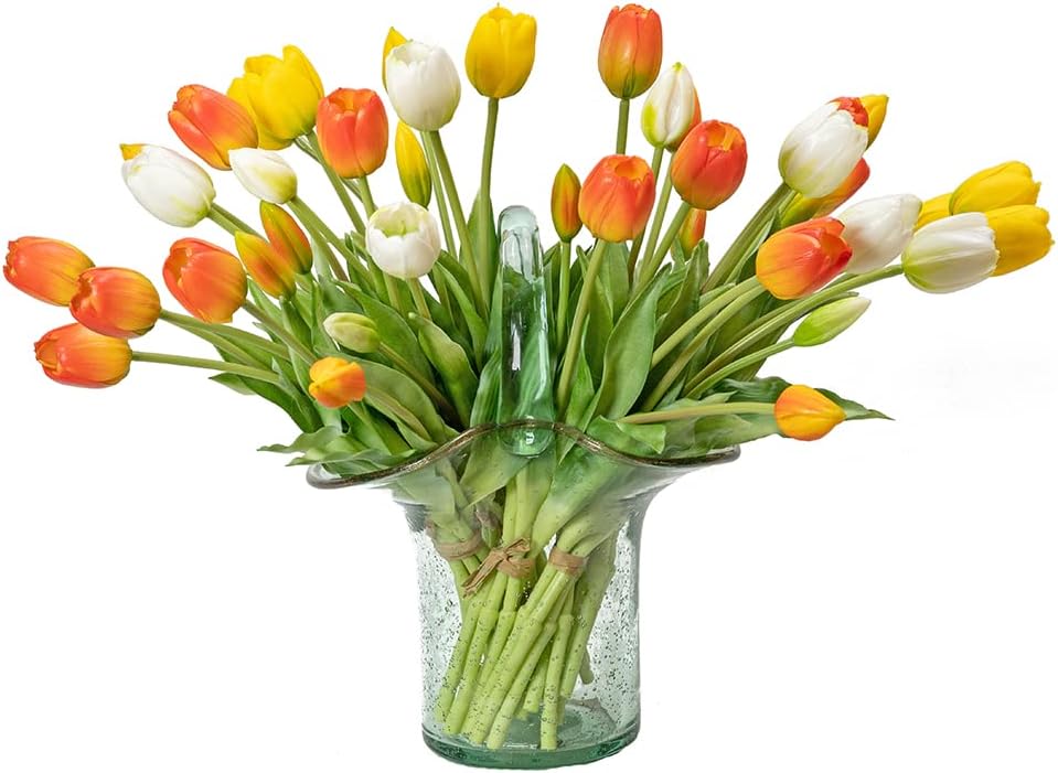 DUYONE 15pcs Artificial Tulips Flowers, Real Touch Latex Bouquet, Fake Tulips for Office Wedding Party Home Kitchen Garden Decoration(White,15pcs)