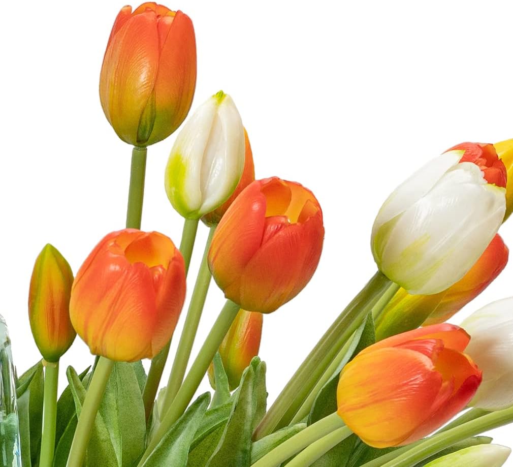 DUYONE 15pcs Artificial Tulips Flowers, Real Touch Latex Bouquet, Fake Tulips for Office Wedding Party Home Kitchen Garden Decoration(White,15pcs)