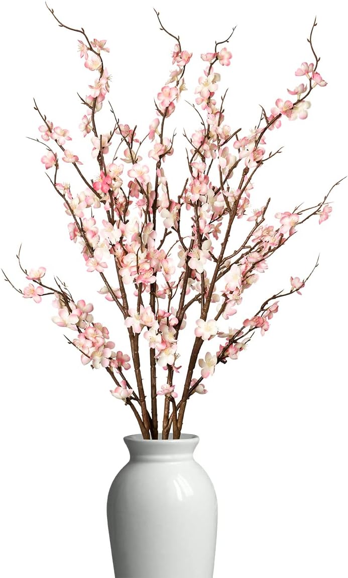Ammyoo 4 PCS Artificial Plum Blossom Party Decorations Fake Cherry Flowers Faux Long Stems Wintersweets Silk Flowers Arrangement for Wedding Home Office Bedroom Decor(White)