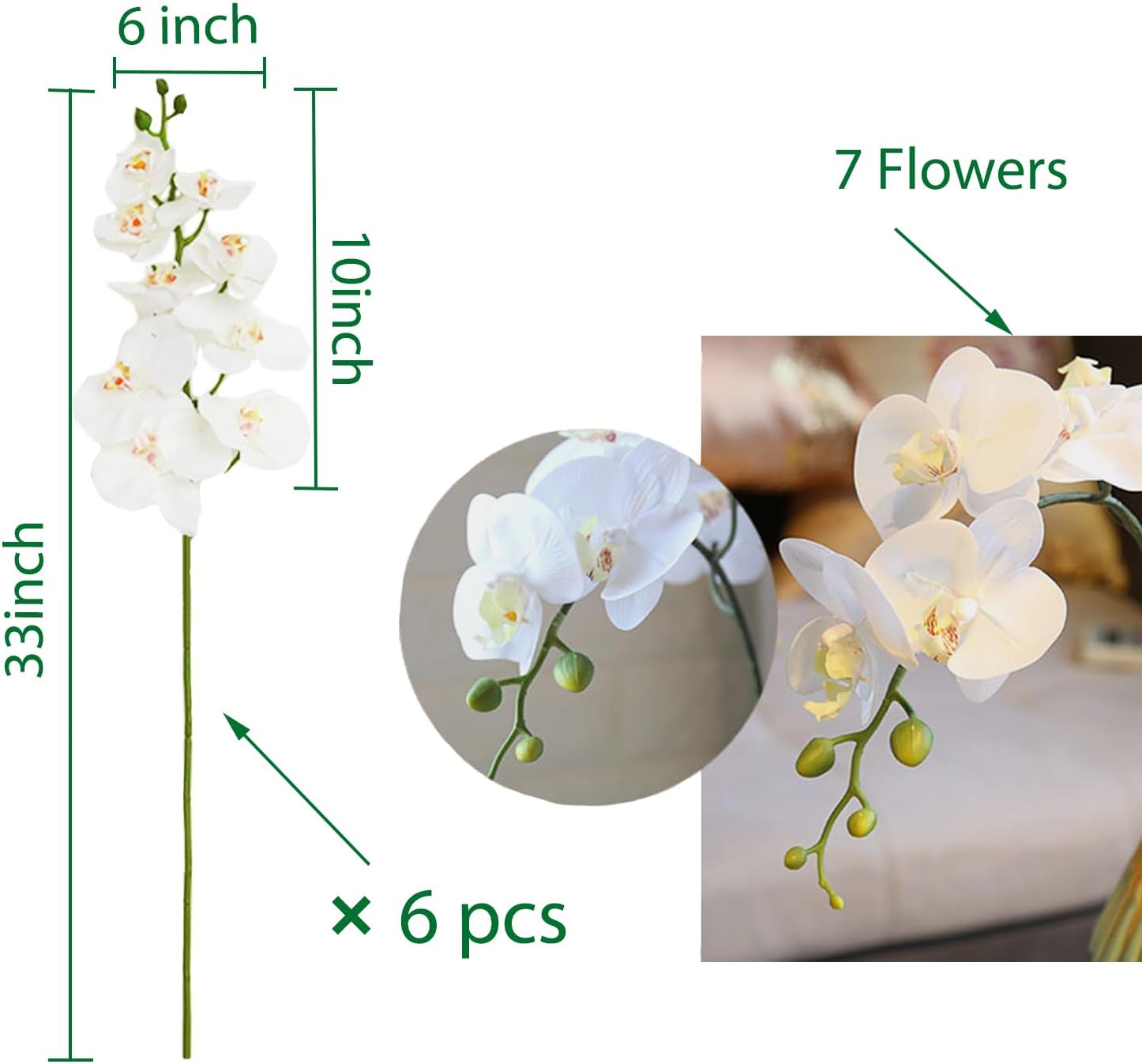FagusHome 32" Artificial Phalaenopsis Flowers 6 Pcs with 4 Bundles Leaves Artificial Orchid Flowers Stem Plants for Home Décor (6Pcs)
