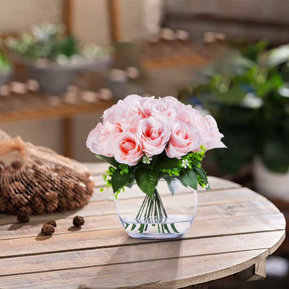 Enova Floral 18 Heads Silk Rose Artificial Flowers in Vase, Red Faux Rose Flowers Arrangement in Round Bowl Vase with Faux Water for Table Decoration (Red)