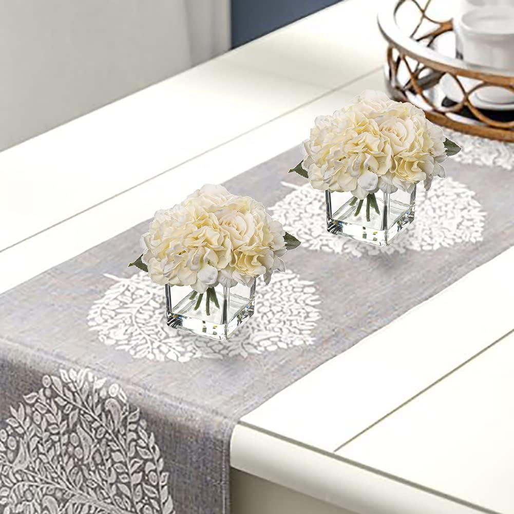 Cream Hydrangea & Peony Faux Silk Flowers - Artificial Floral Arrangements with Vase for Home Office Table Shelf Decor