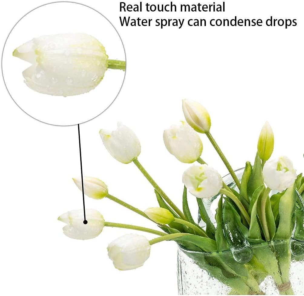DUYONE 15pcs Artificial Tulips Flowers, Real Touch Latex Bouquet, Fake Tulips for Office Wedding Party Home Kitchen Garden Decoration(White,15pcs)