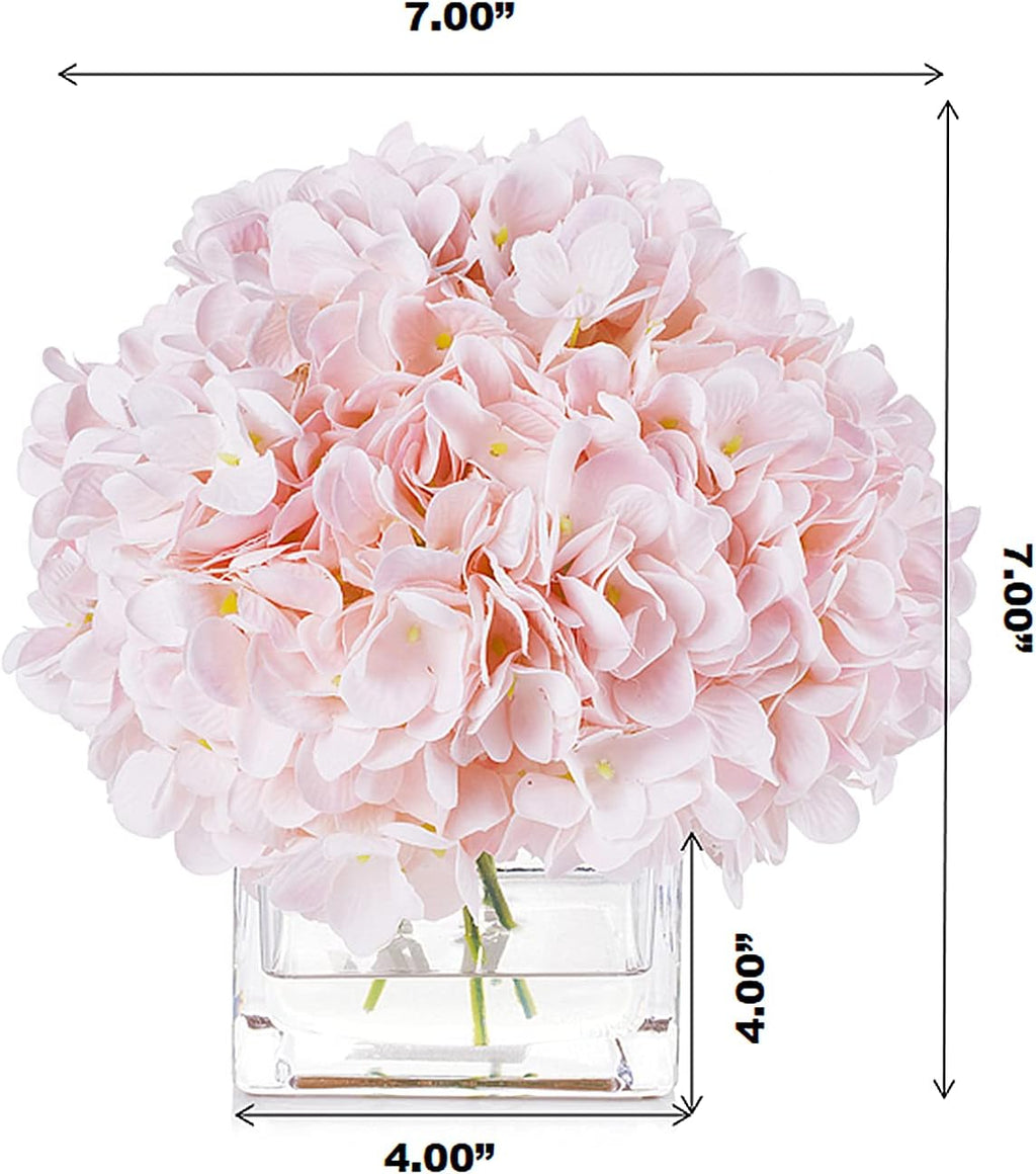 ENOVA HOME Floral Artificial Flowers Silk Hydrangea Fake Flowers Arrangement in Cube Glass Vase with Faux Water for Office Wedding Party Event Decoration (Pink)