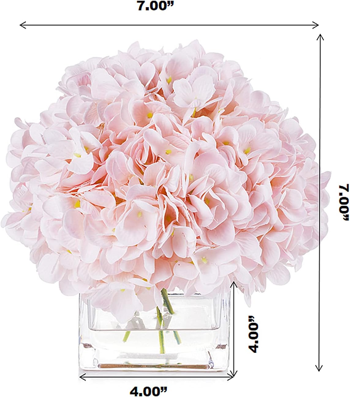 ENOVA HOME Floral Artificial Flowers Silk Hydrangea Fake Flowers Arrangement in Cube Glass Vase with Faux Water for Office Wedding Party Event Decoration (Pink)