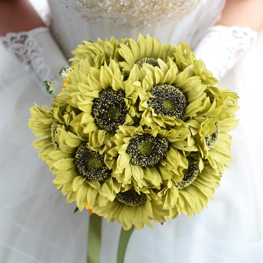 WISTART 8pcs Artificial Sunflower Flowers Long Stem Large Silk Sunflowers Bridal Wedding Bouquet Fake Yellow Flower Arrangements for Outdoor