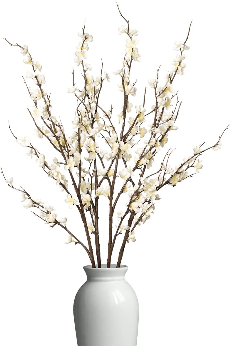 Ammyoo 4 PCS Artificial Plum Blossom Party Decorations Fake Cherry Flowers Faux Long Stems Wintersweets Silk Flowers Arrangement for Wedding Home Office Bedroom Decor(White)