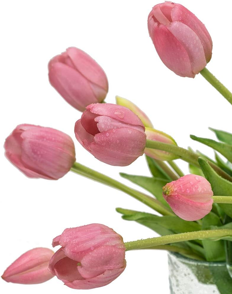 DUYONE 15pcs Artificial Tulips Flowers, Real Touch Latex Bouquet, Fake Tulips for Office Wedding Party Home Kitchen Garden Decoration(White,15pcs)