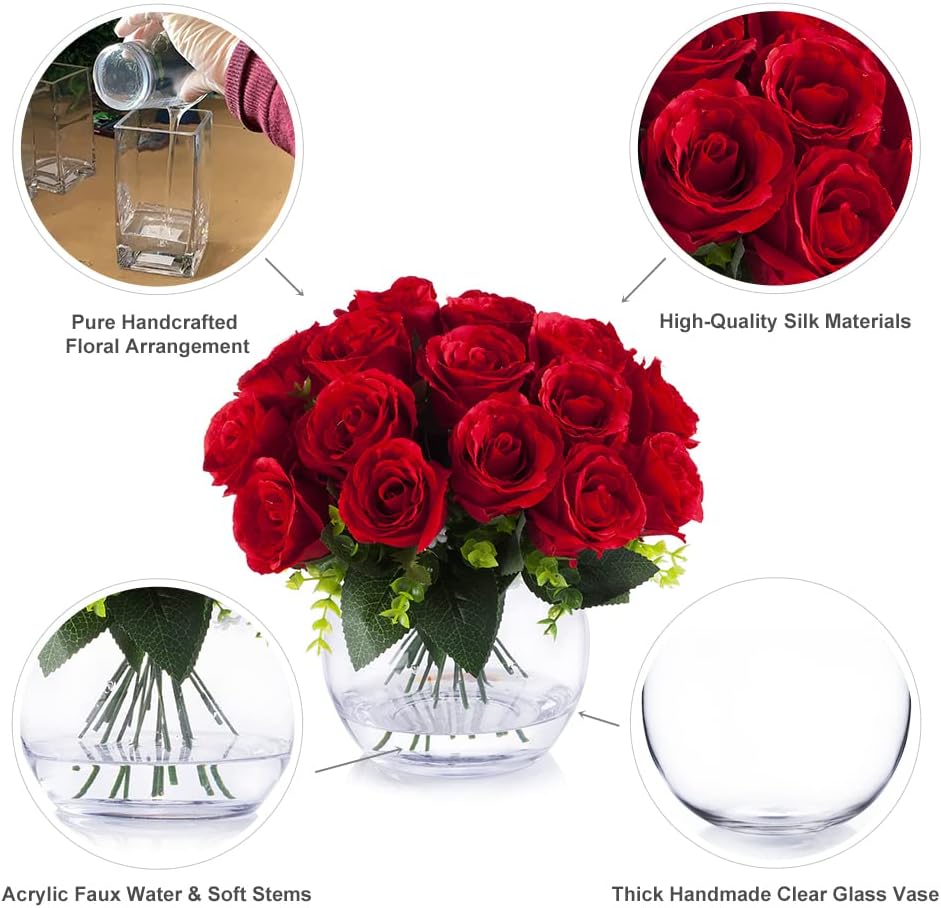 Enova Floral 18 Heads Silk Rose Artificial Flowers in Vase, Red Faux Rose Flowers Arrangement in Round Bowl Vase with Faux Water for Table Decoration (Red)