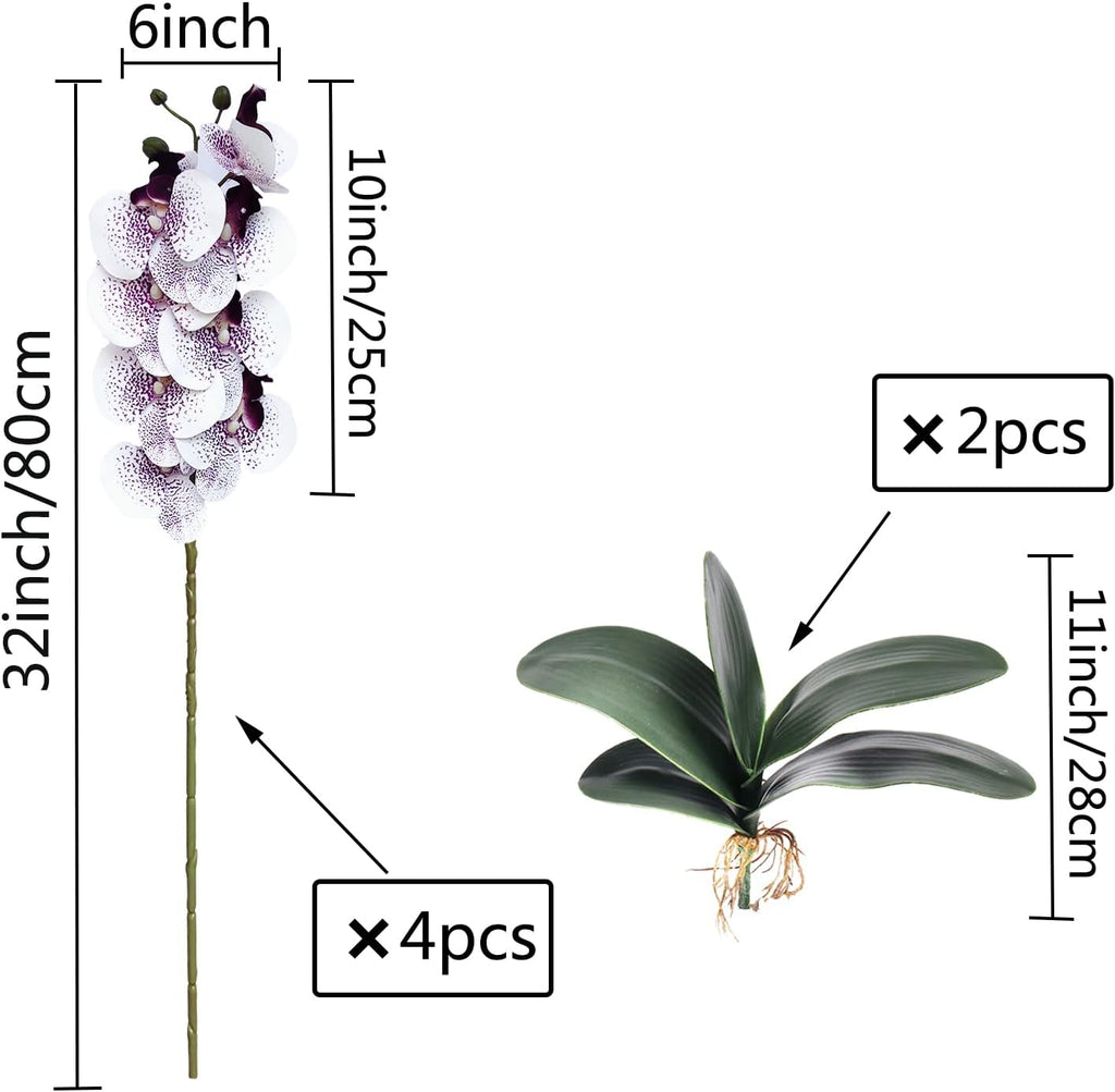 FagusHome 32 Inches Artificial Phalaenopsis Flowers 4 Pcs with 2 bundles Leaves Artificial Orchid Flowers Stem Plants for Home Décor (White)