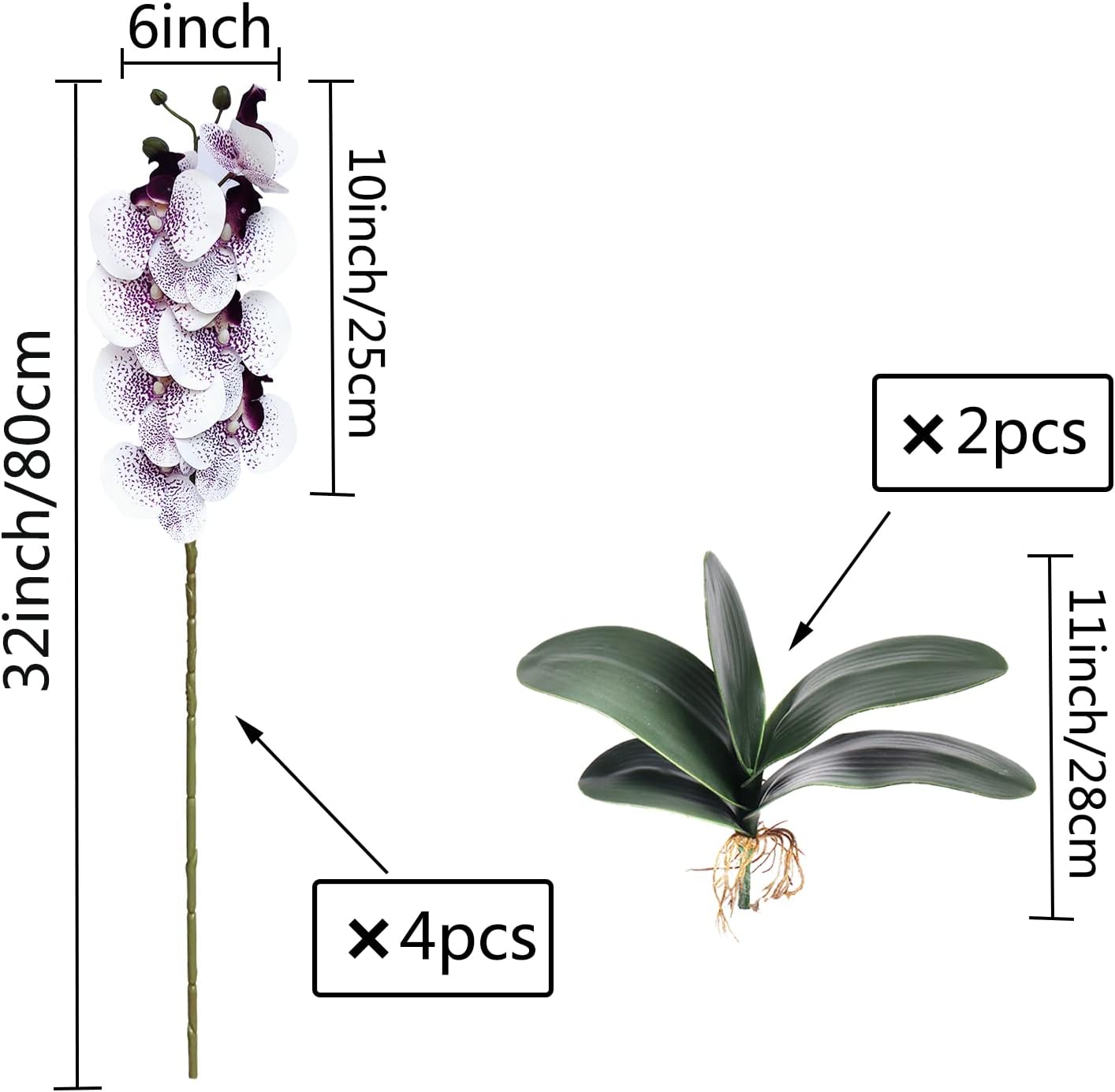 FagusHome 32 Inches Artificial Phalaenopsis Flowers 4 Pcs with 2 bundles Leaves Artificial Orchid Flowers Stem Plants for Home Décor (White)