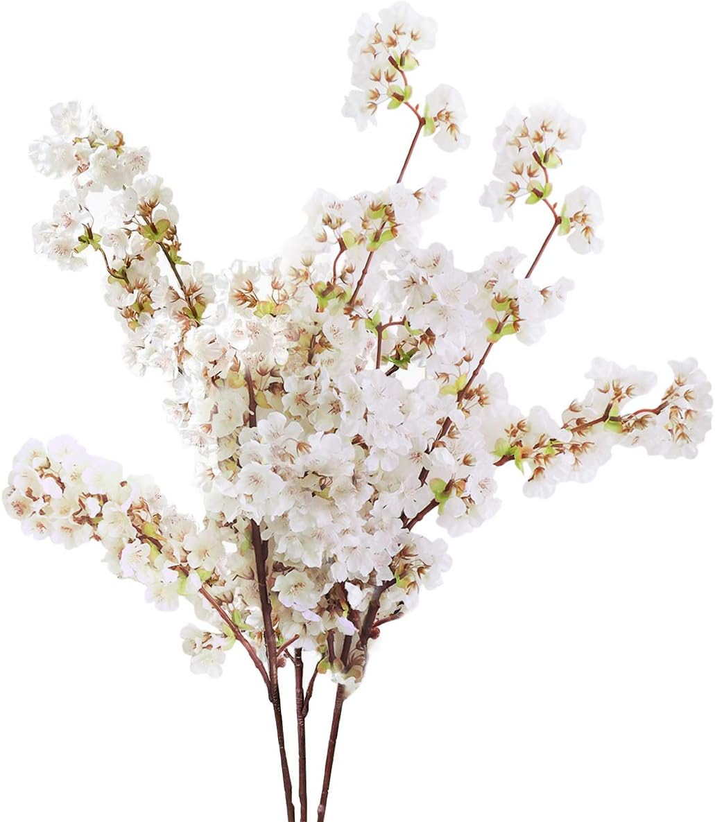 Sunm Boutique White Cherry Blossom Flowers, Artificial Cherry Blossom Decor Faux Cherry Blossom Branches Vase Arrangements for Wedding Home Party Kitchen Decor, Set of 3