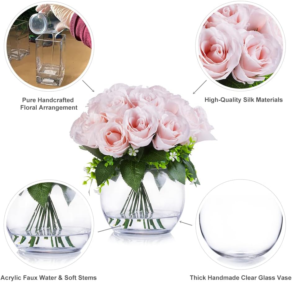 Enova Floral 18 Heads Silk Rose Artificial Flowers in Vase, Red Faux Rose Flowers Arrangement in Round Bowl Vase with Faux Water for Table Decoration (Red)