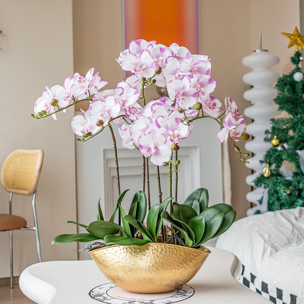 DUYONE 35 Inch Artificial Butterfly Orchid Flowers 4 Pcs with 4 Bundles Leaves Artificial Orchid Flowers Stem Plants for Home Décor (Light Purple 4pcs)