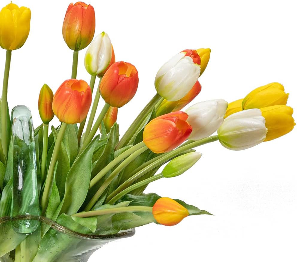 DUYONE 15pcs Artificial Tulips Flowers, Real Touch Latex Bouquet, Fake Tulips for Office Wedding Party Home Kitchen Garden Decoration(White,15pcs)