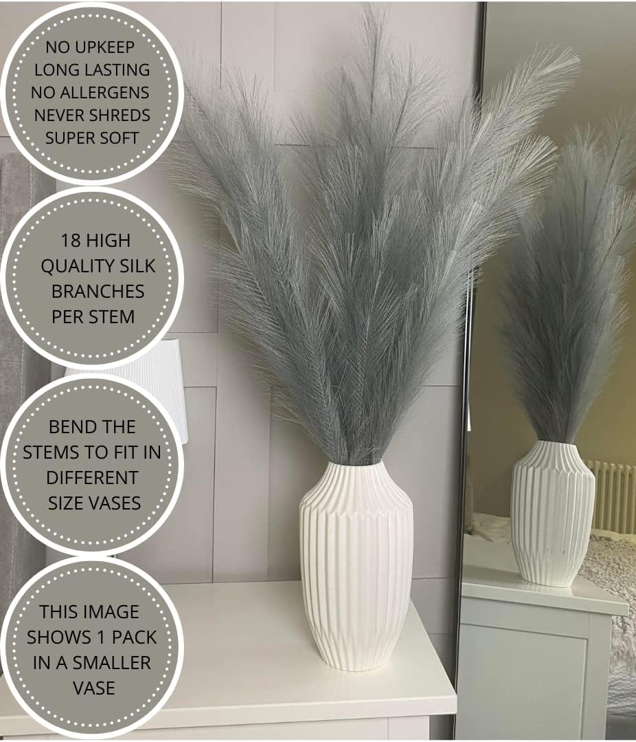 VOULUX Extra Large Tall Blue Fake Faux Artificial Pampas Grass Large Fluffy x3 115cm Stems x18 Decorative Artificial Flora Feathers For Floor Vases Tall Blue Plant Flowers Long Pampas Grass