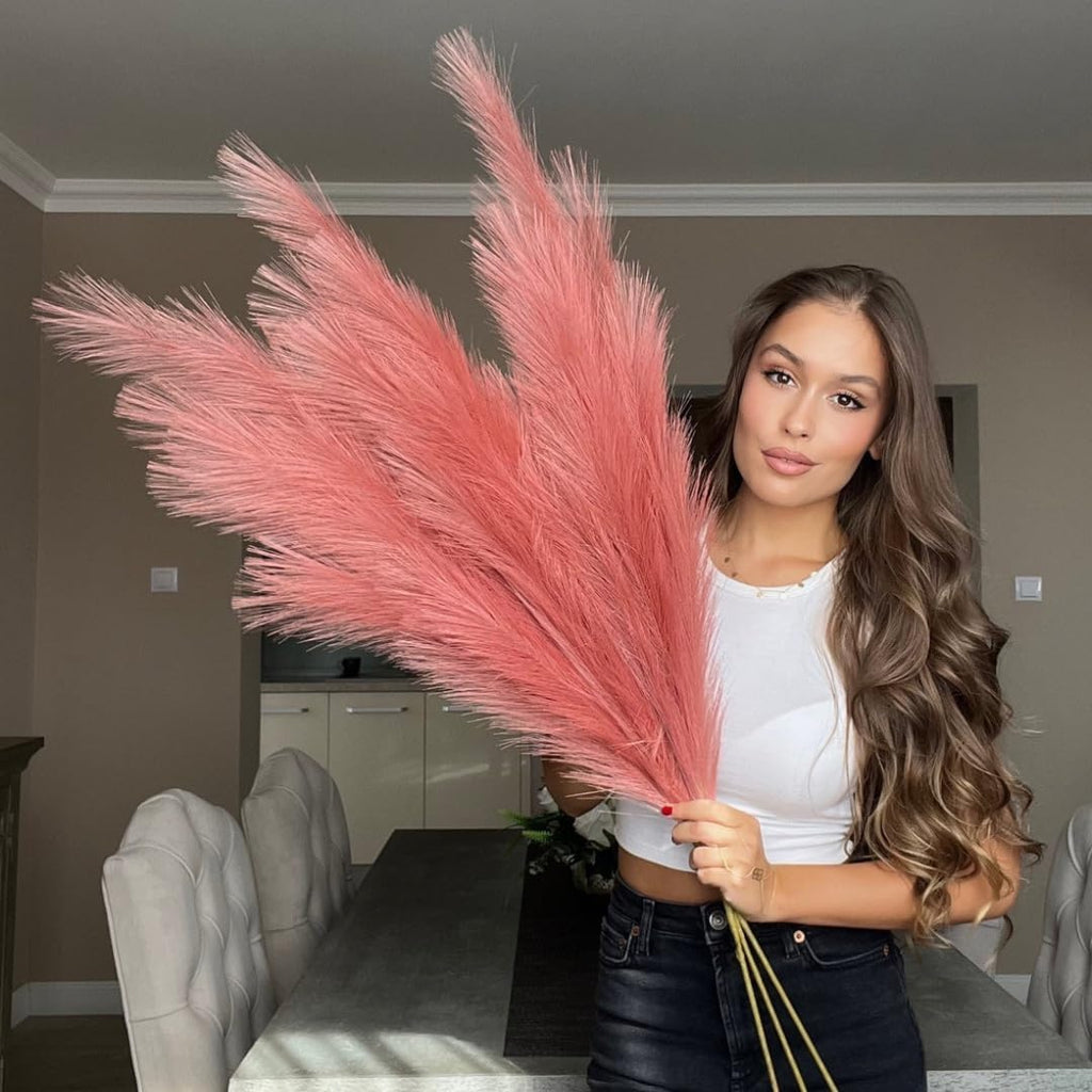 VOULUX Extra Large Tall Blue Fake Faux Artificial Pampas Grass Large Fluffy x3 115cm Stems x18 Decorative Artificial Flora Feathers For Floor Vases Tall Blue Plant Flowers Long Pampas Grass