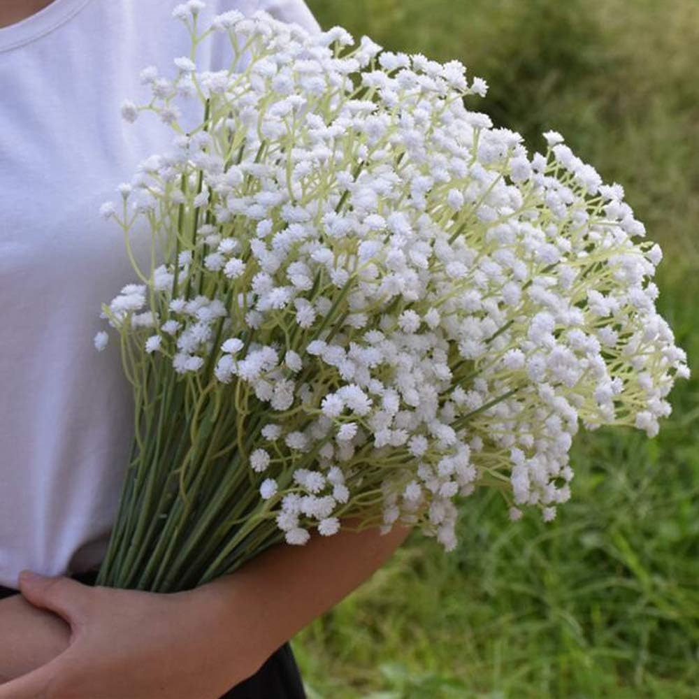 Flow.month 5Pcs Artificial Flowers, Fake Flowers Silk Plastic Artificial Gypsophila Realistic Flower Arrangements Wedding Decoration Table Centerpieces(White)