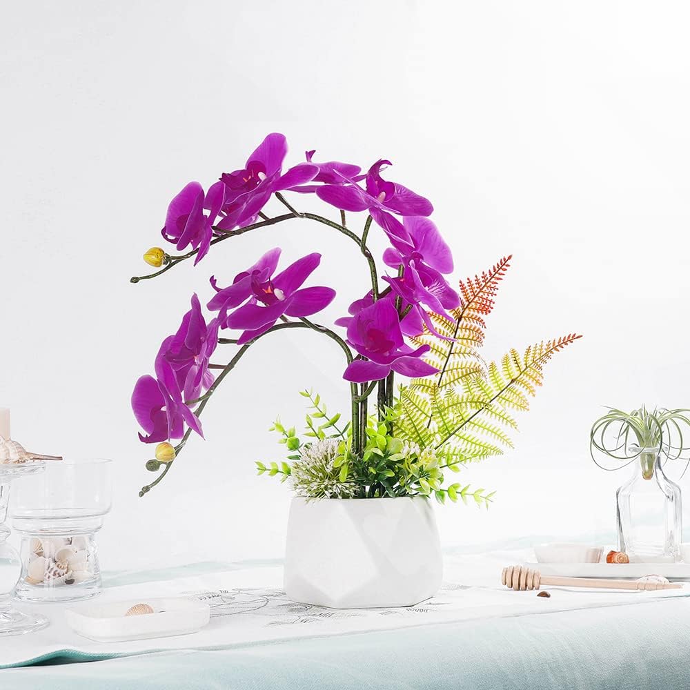 LESING Artificial Flowers Ochids Plants Fake Orchid in Pot Artificial Flowers with Vase Orquidea Faux Orchid for Home Indoor Decoration (Style 2,White Vase)