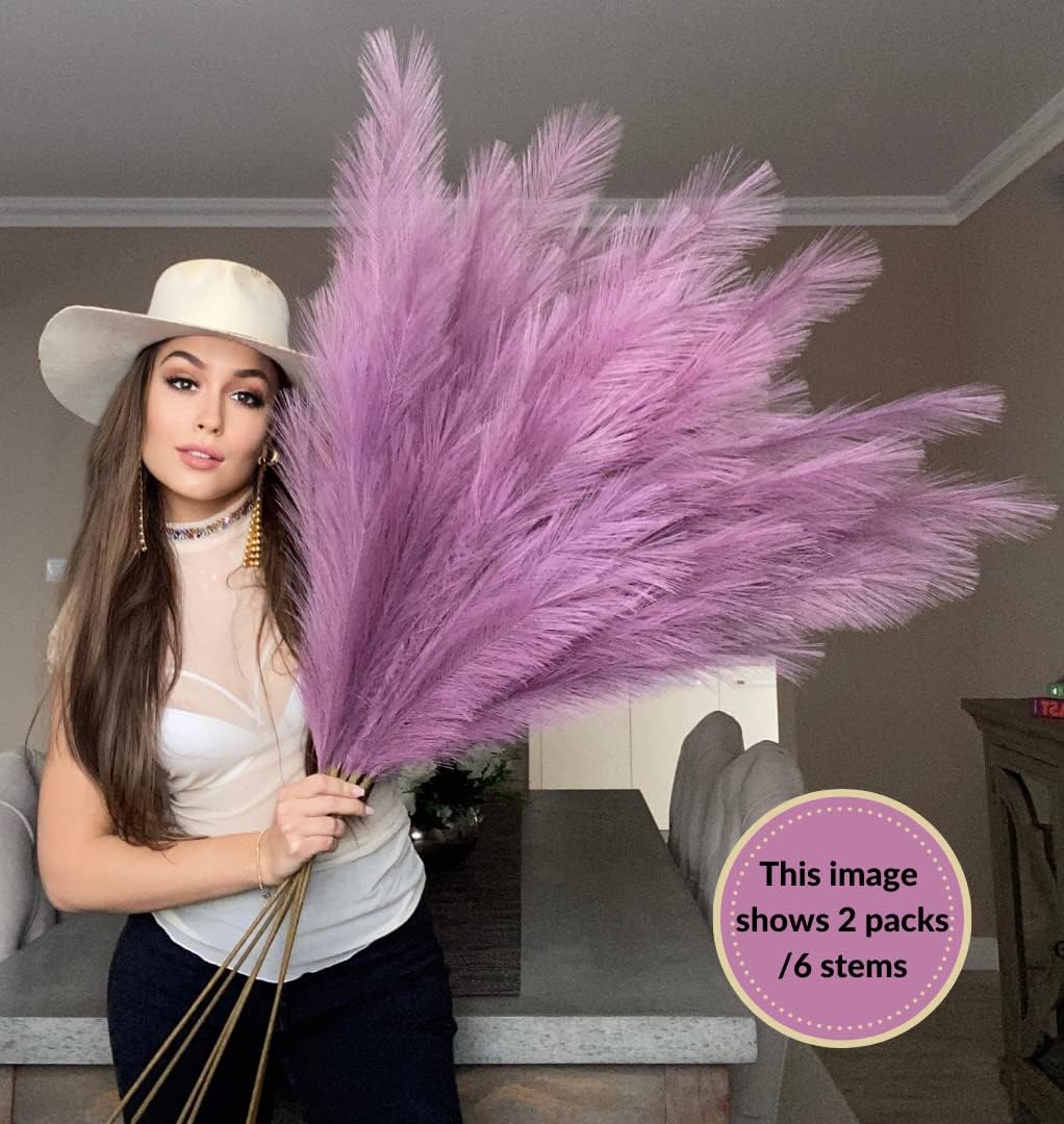 VOULUX Extra Large Tall Blue Fake Faux Artificial Pampas Grass Large Fluffy x3 115cm Stems x18 Decorative Artificial Flora Feathers For Floor Vases Tall Blue Plant Flowers Long Pampas Grass