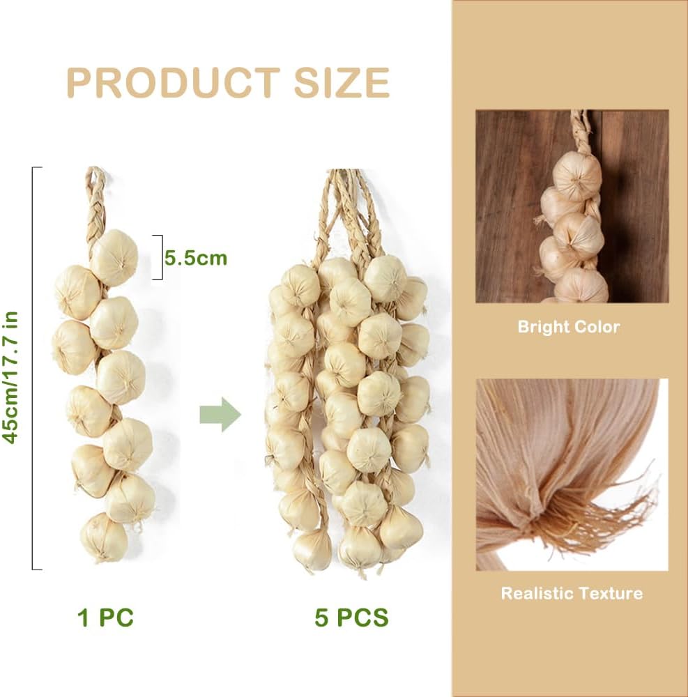 Velidy 5pack Simulation Artificial Lifelike Fake Vegetable Artificial Garlic Red Pepper Fake Vegetables Onion Hanging Rope Home Decor Photography Props (Garlic)