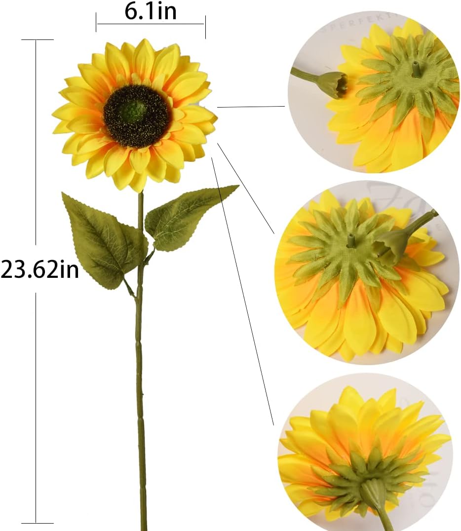WISTART 8pcs Artificial Sunflower Flowers Long Stem Large Silk Sunflowers Bridal Wedding Bouquet Fake Yellow Flower Arrangements for Outdoor