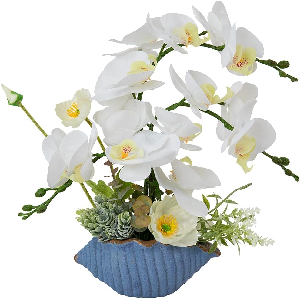 LESING Artificial Orchid Flower with Vase, White Orchid Bonsai Faux Orchid Phalaenopsis Plant Pot Arrangements for Home Decoration (White,Gold Vase)
