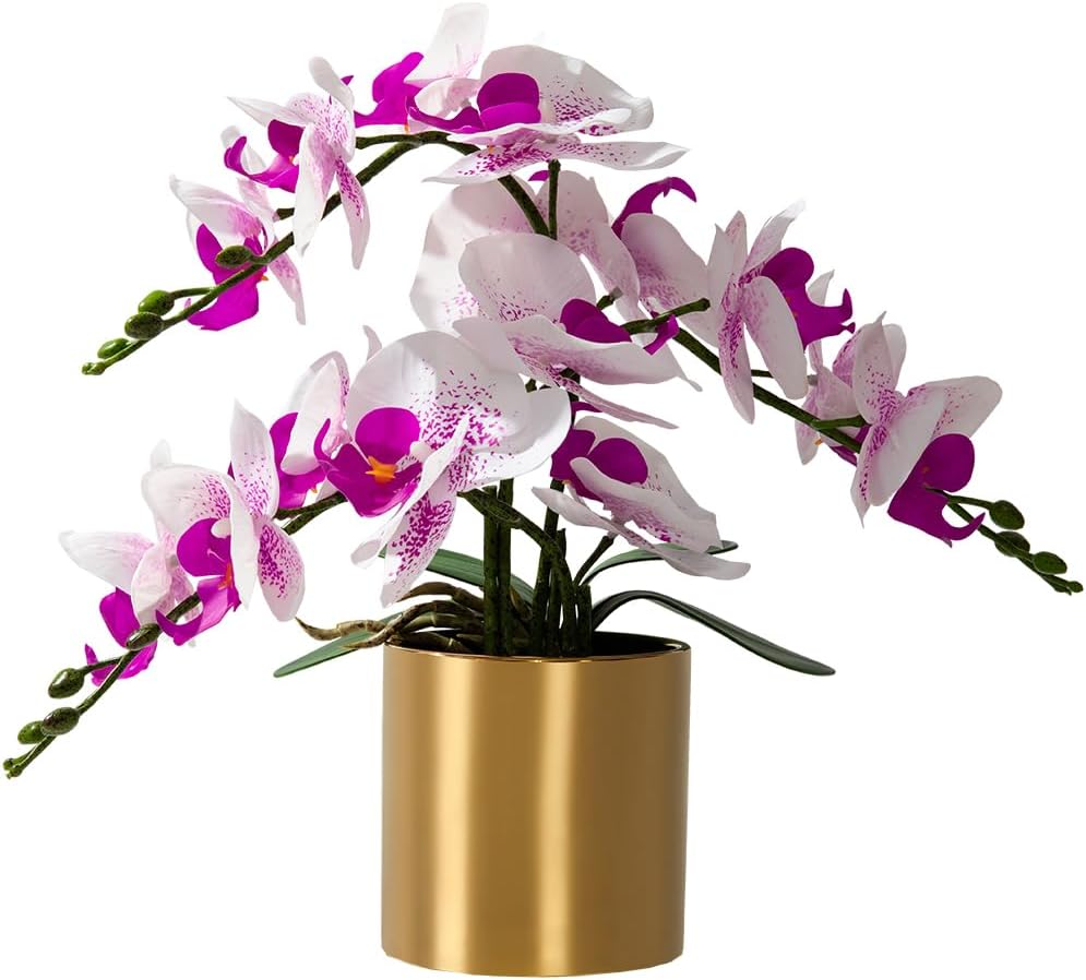 LESING Artificial Orchid Flower with Vase, White Orchid Bonsai Faux Orchid Phalaenopsis Plant Pot Arrangements for Home Decoration (White,Gold Vase)