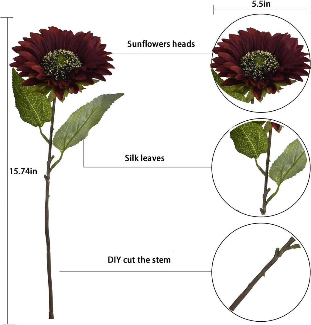 WISTART 8pcs Artificial Sunflower Flowers Long Stem Large Silk Sunflowers Bridal Wedding Bouquet Fake Yellow Flower Arrangements for Outdoor