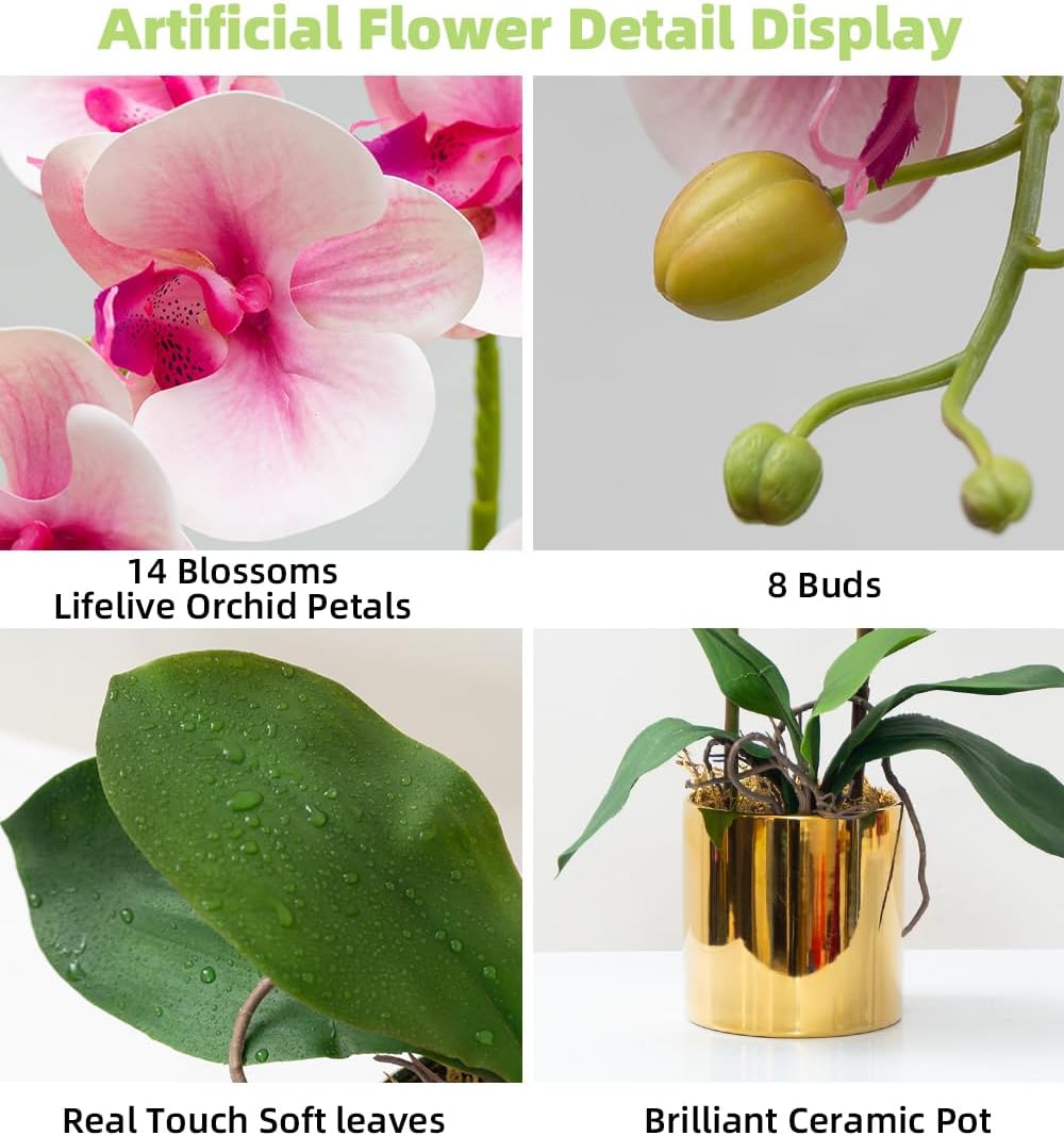 Artificial Orchid Flowers White Faux Orchids with Ceramic Vase Vivid Fake Phalaenopsis Flower Arrangement Gorgeous Artificial Plants for Office Desk Wedding Party Exhibition Center & Home Table Decor