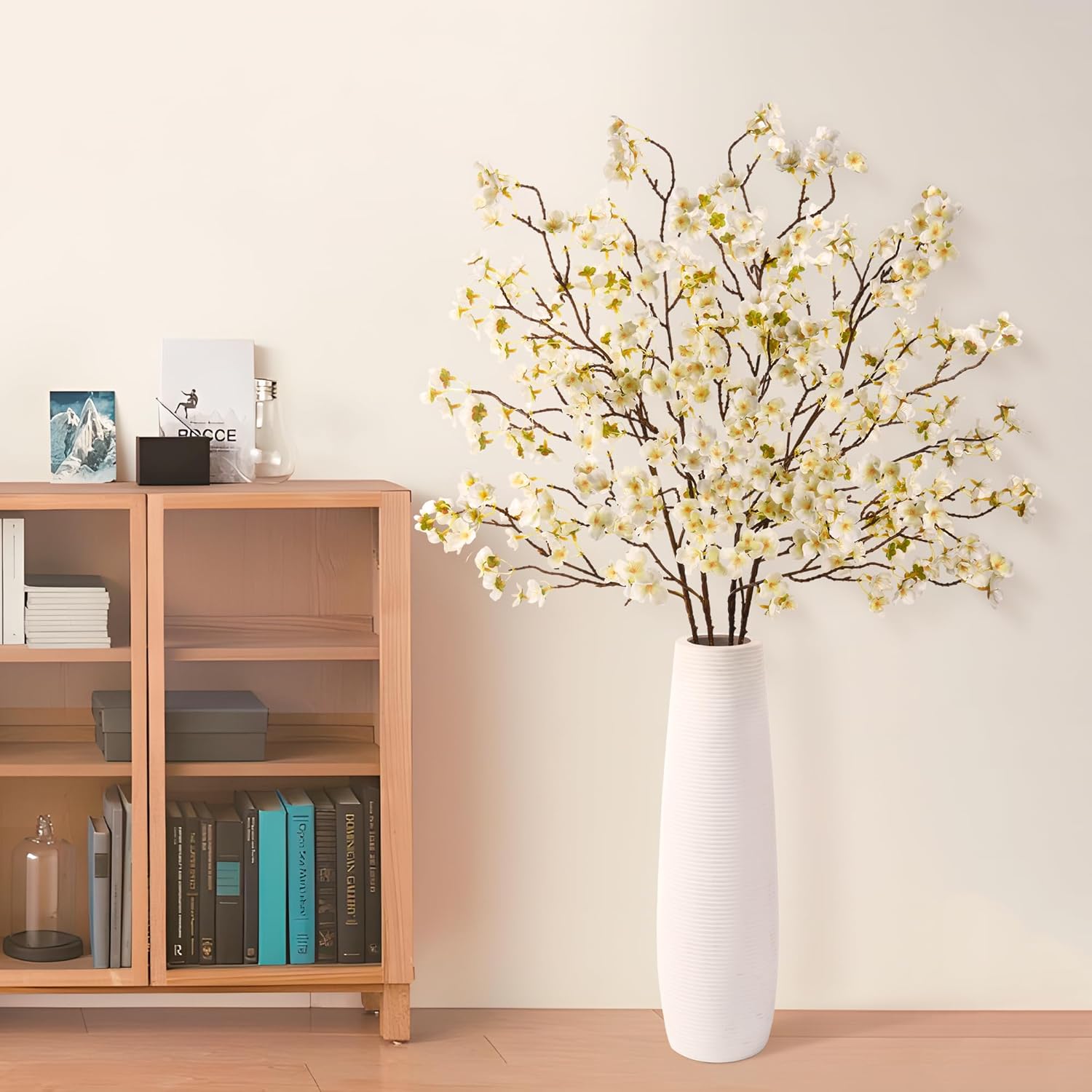 florisso Cherry Blossom Branches, Faux Peach Blossom Flowers, Artificial Plum Branches Real Touch Silk for Party Home Decor Wedding Arrangements (4PCS, White, 41")