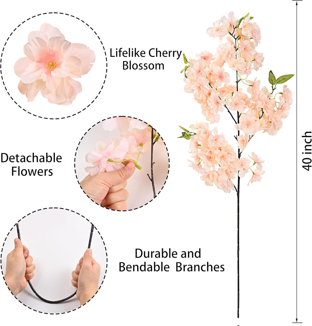 Sunm Boutique White Cherry Blossom Flowers, Artificial Cherry Blossom Decor Faux Cherry Blossom Branches Vase Arrangements for Wedding Home Party Kitchen Decor, Set of 3