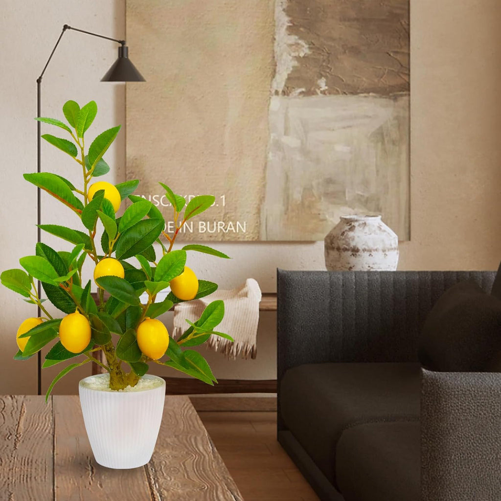 WOXBITA Artificial Faux Lemon Tree Fake Lemons Decor Small Plants Citrus Fruit Tree with White Pot Indoor Lemon Decorations 18 inches for Kitchen, Home,Office, Living Room Table, Desk