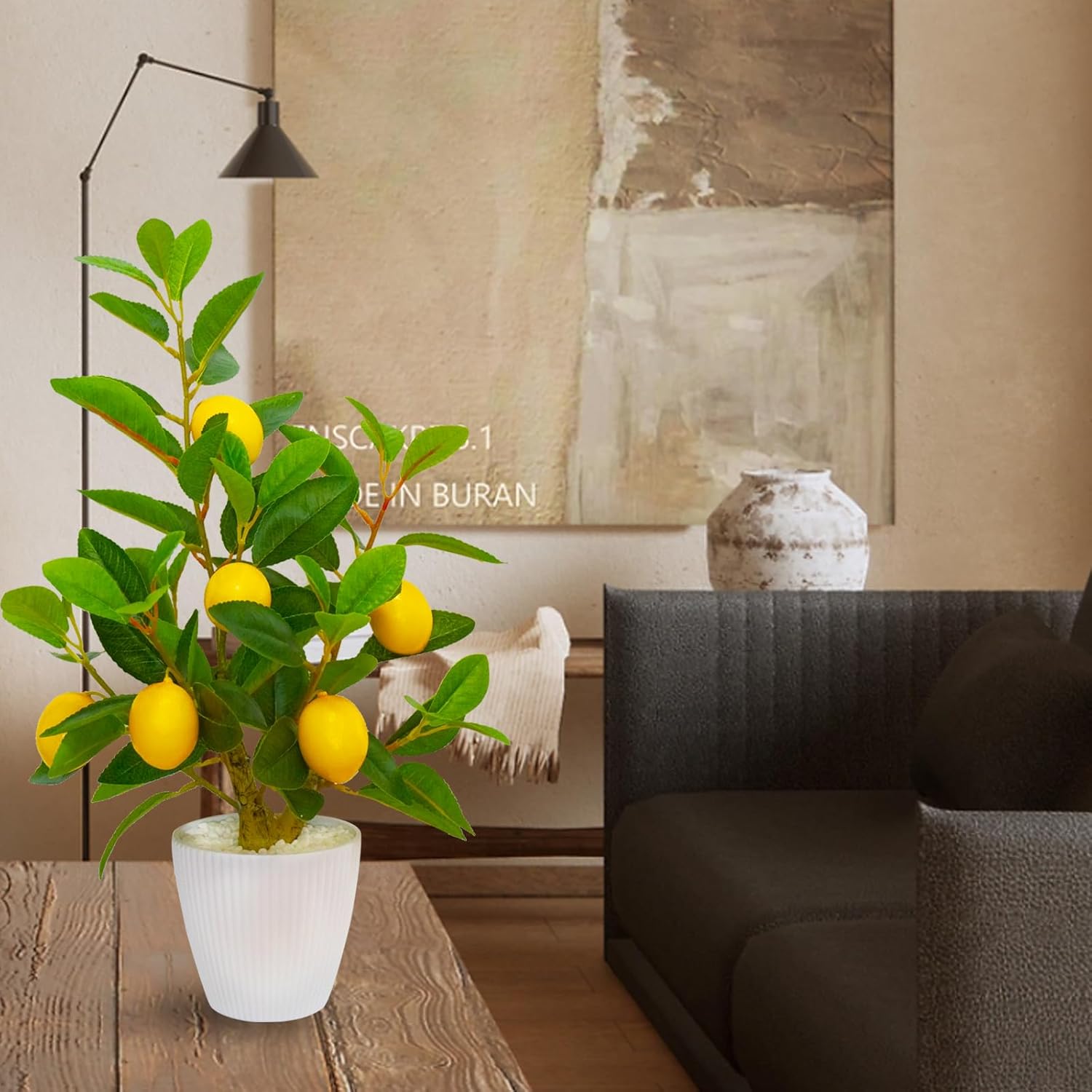 WOXBITA Artificial Faux Lemon Tree Fake Lemons Decor Small Plants Citrus Fruit Tree with White Pot Indoor Lemon Decorations 18 inches for Kitchen, Home,Office, Living Room Table, Desk