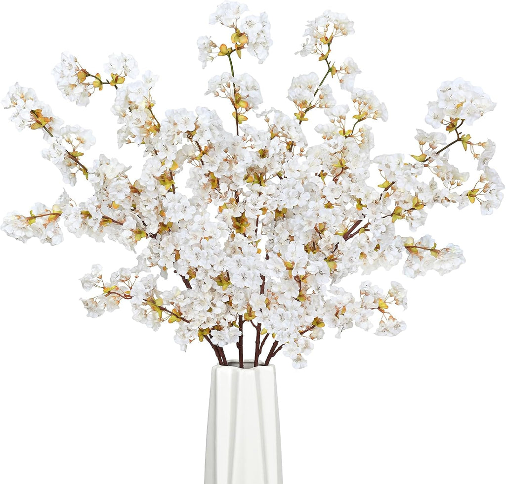 Sunm Boutique White Cherry Blossom Flowers, Artificial Cherry Blossom Decor Faux Cherry Blossom Branches Vase Arrangements for Wedding Home Party Kitchen Decor, Set of 3