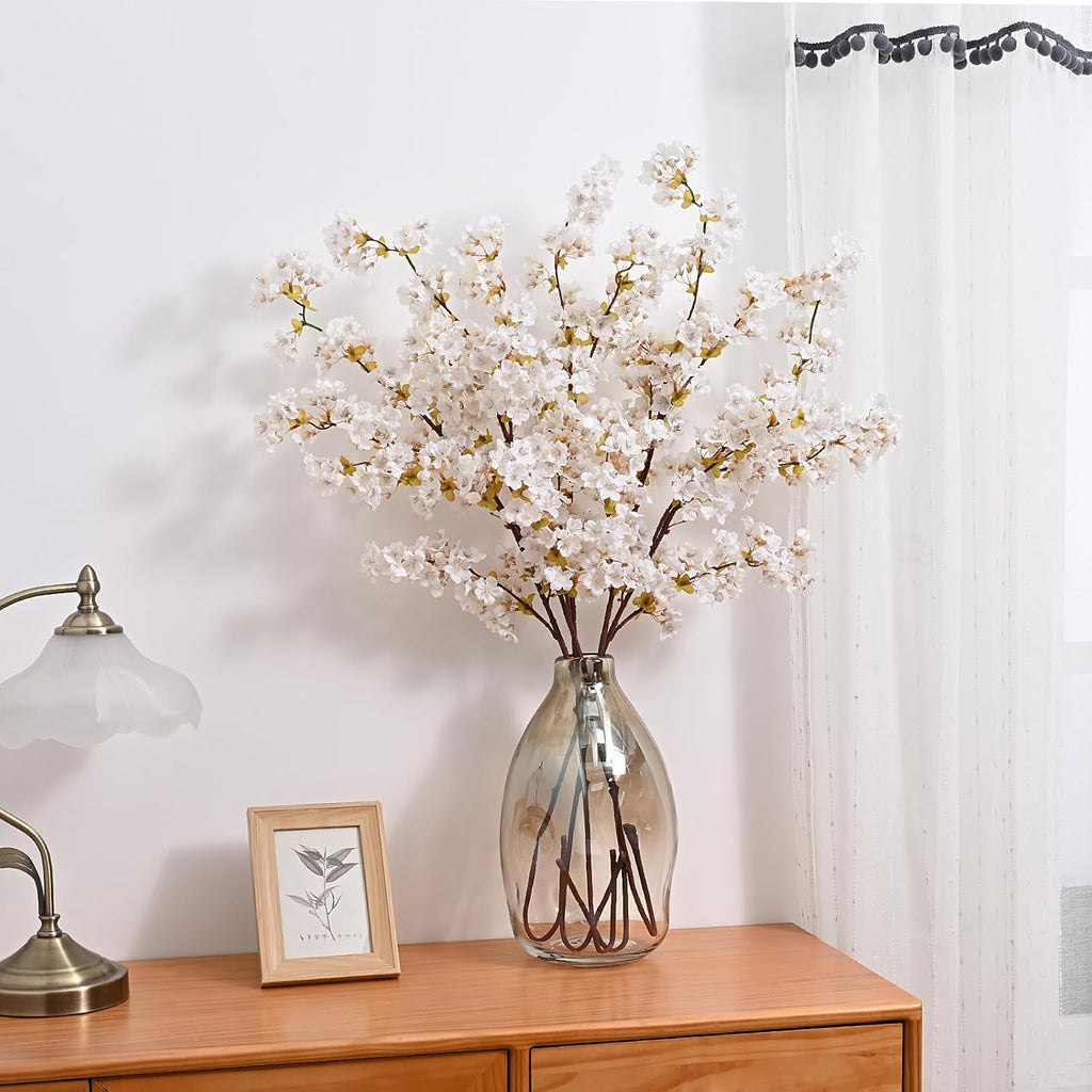 Sunm Boutique White Cherry Blossom Flowers, Artificial Cherry Blossom Decor Faux Cherry Blossom Branches Vase Arrangements for Wedding Home Party Kitchen Decor, Set of 3