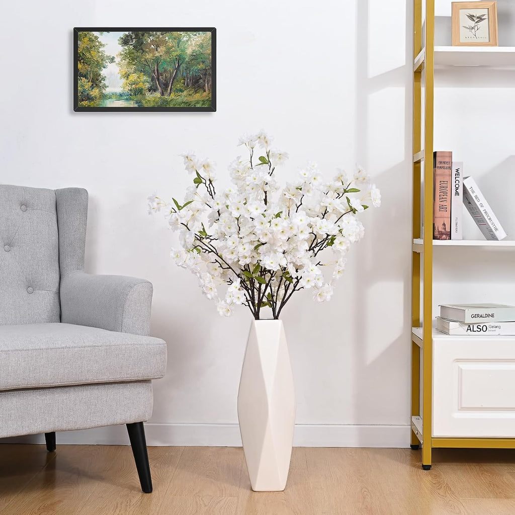 Sunm Boutique White Cherry Blossom Flowers, Artificial Cherry Blossom Decor Faux Cherry Blossom Branches Vase Arrangements for Wedding Home Party Kitchen Decor, Set of 3