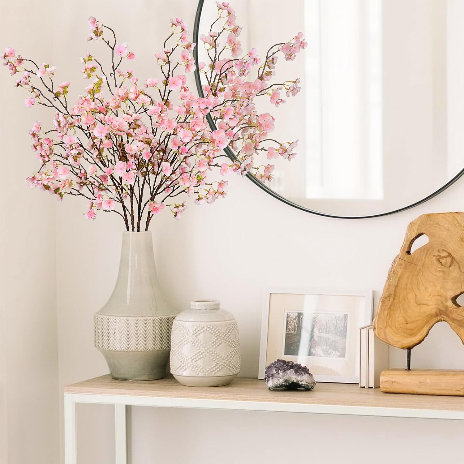 Sunm Boutique White Cherry Blossom Flowers, Artificial Cherry Blossom Decor Faux Cherry Blossom Branches Vase Arrangements for Wedding Home Party Kitchen Decor, Set of 3