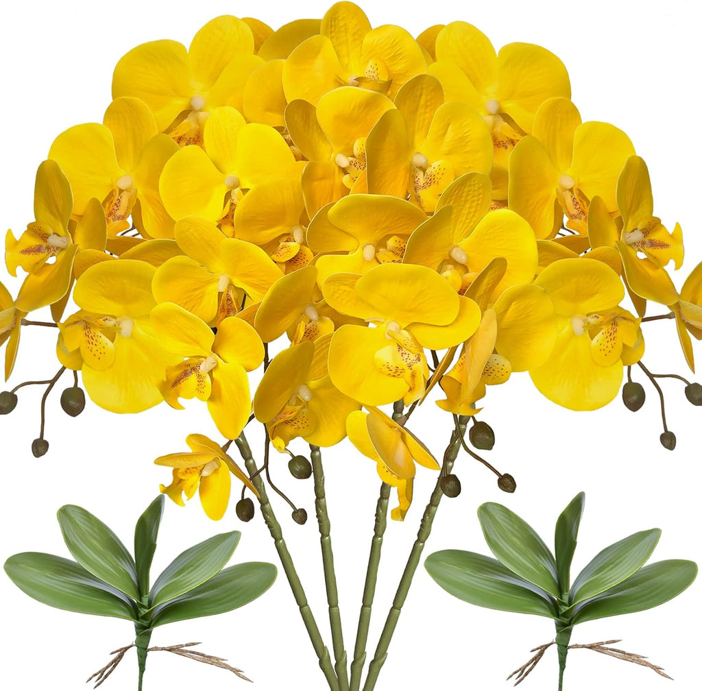 FagusHome 32 Inches Artificial Phalaenopsis Flowers 4 Pcs with 2 bundles Leaves Artificial Orchid Flowers Stem Plants for Home Décor (White)