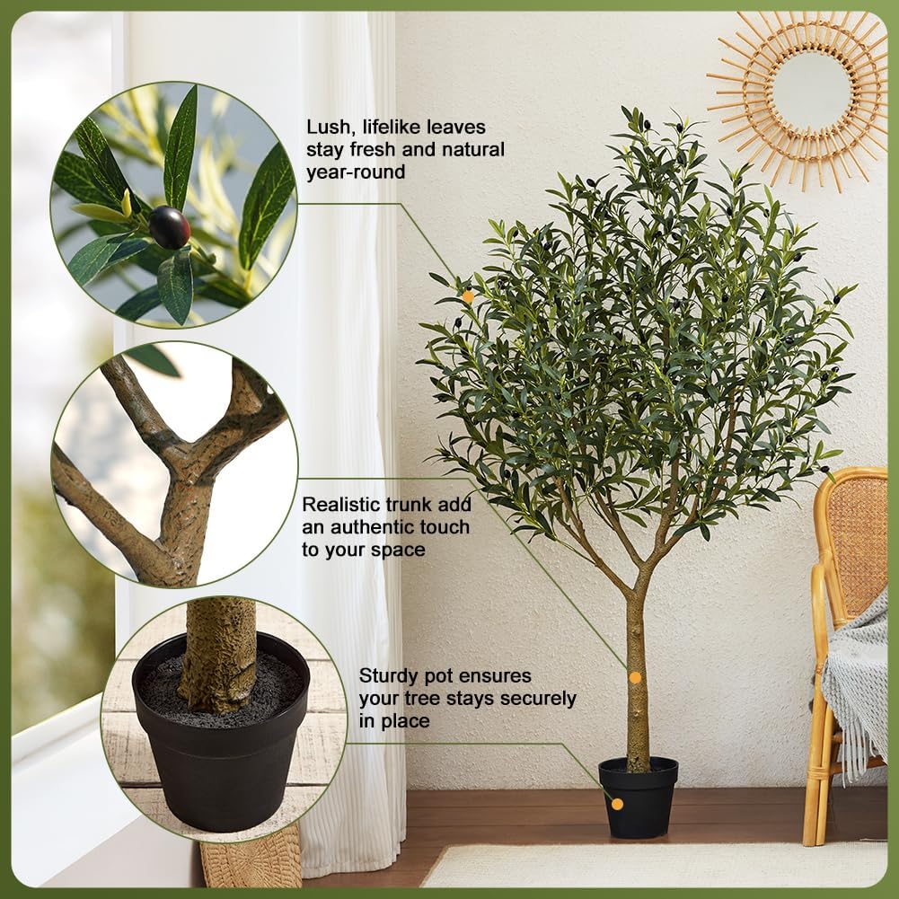 VeriNatural Artificial Olive Tree 6.5FT - Large Fake Olive Trees Indoor with 1676 Lush Leaves,UV Resistant & Natural Wood Trunk, Outdoor Potted Faux Plant for Living Room,Office,Home Decor,VN157