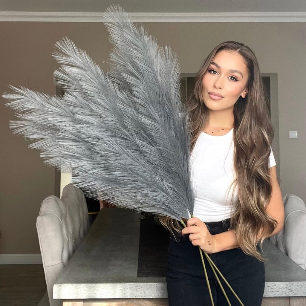 VOULUX Extra Large Tall Blue Fake Faux Artificial Pampas Grass Large Fluffy x3 115cm Stems x18 Decorative Artificial Flora Feathers For Floor Vases Tall Blue Plant Flowers Long Pampas Grass